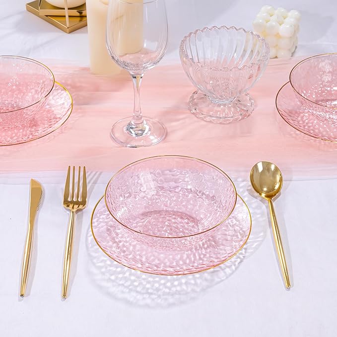 I00000 30 Pack 12 Ounce Pink Plastic Bowls Hammered Clear Bowl with Gold Rimmed, Heavy Duty Disposable Bowl Set,Elegant Salad/Dessert/Ice Cream Small Bowls for Party Weddings