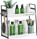 VITVITI 2-Tier Bathroom Organizer Countertop, Wood Bathroom Counter Organizer and Storage, Bathrom Corner Sink Vanity Skincare Organizer Shelf with Hooks, White