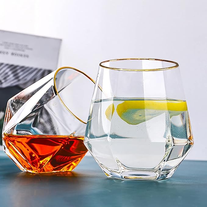 Diamond Wine Glass Set of 2, Modern Stemless Golden Edge Glass Cups Drinking Glassware for Serving Party,Home,Bar, Restaurants Transparent