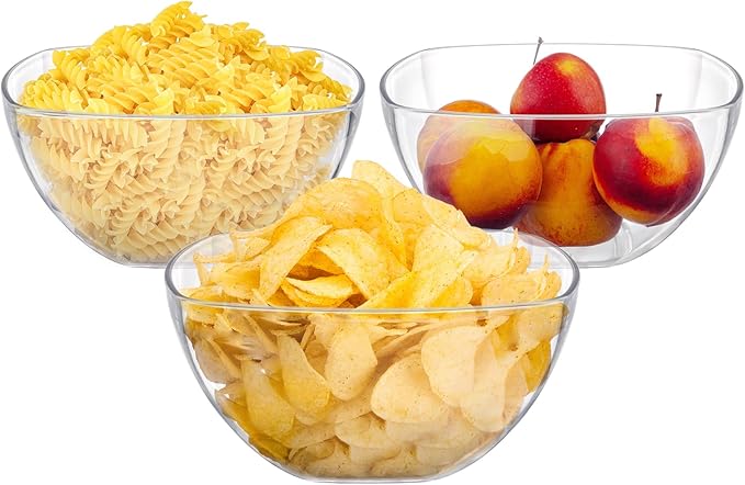 TOPZEA Set of 3 Clear Plastic Serving Bowls for Party, 94oz Acrylic Large Salad Mixing Bowl Set Kitchen Reusable Snacks Bowl for Fruit Chips Dips Popcorn, Break-Resistant