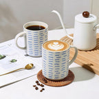 Coffee Mugs Set of 6, 17oz Ceramic Mugs with Handpainted Blue Gray Stripe Pattern, Modern Stackable Coffee Cups, Dishwasher and Microwave Safe Mugs for Home & Office