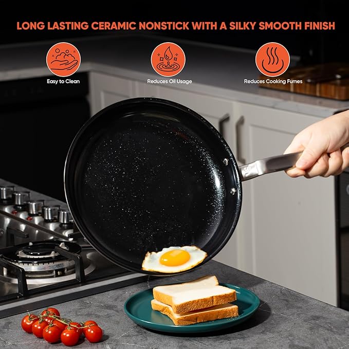 5 Ply Ceramic Non Stick Frying Pans - 8 Inch Stainless Clad Nonstick Skillet, Professional Cookware for Induction, All Stoves and Oven