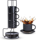 GBhome 6OZ Stackable Coffee Mugs with Stand and Saucer, Ceramic Coffee Mugs Set of 4 with Texture Patterns for Man,Woman,Dad,Mom, Modern Coffee Cups for Latte/Espresso. Dishwasher&Microwave Safe