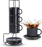 GBhome 6OZ Stackable Coffee Mugs with Stand and Saucer, Ceramic Coffee Mugs Set of 4 with Texture Patterns for Man,Woman,Dad,Mom, Modern Coffee Cups for Latte/Espresso. Dishwasher&Microwave Safe