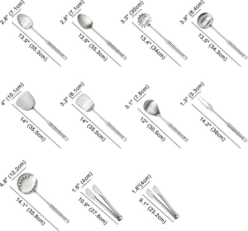 304 Stainless Steel Kitchen Utensils Set, 11PCS Metal Cooking Utensil Sets, Stainless Steel Cooking Utensils Set Include Meat Fork, Tongs, Turner, Soup Ladle, Dishwasher Safe