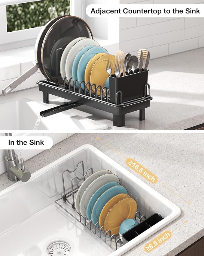 Small Dish Drying Rack Carbon Steel Dish Rack Rustproof for Kitchen Counter Compact Dish Drainer with Adjustable Slots for Small Kitchens & Apartments 16.5×6.5×7inch Black