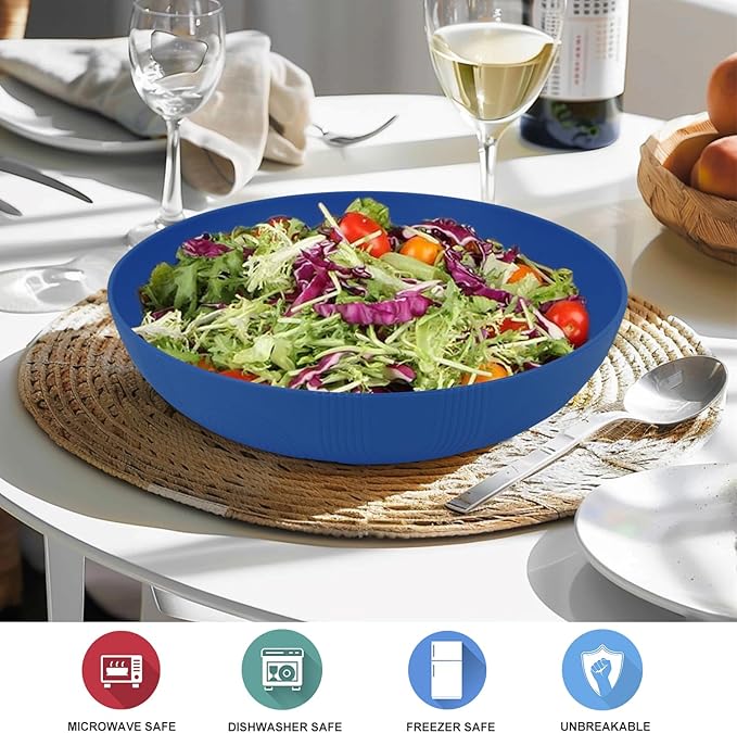 Wrova 65oz Wheat Straw Large Salad & Soup Bowls Set of 2, Unbreakable, Microwave & Dishwasher Safe, Plastic Bowls for Kitchen, Camping, School - Blue
