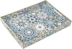 Large Serving Tray with Handles,Rectangle Plastic Serving Tray,Bohemian Blue Ottoman Trays Coffee Table Trays for Living Room,Decorative Tray for Coffee Table 16" x 12"