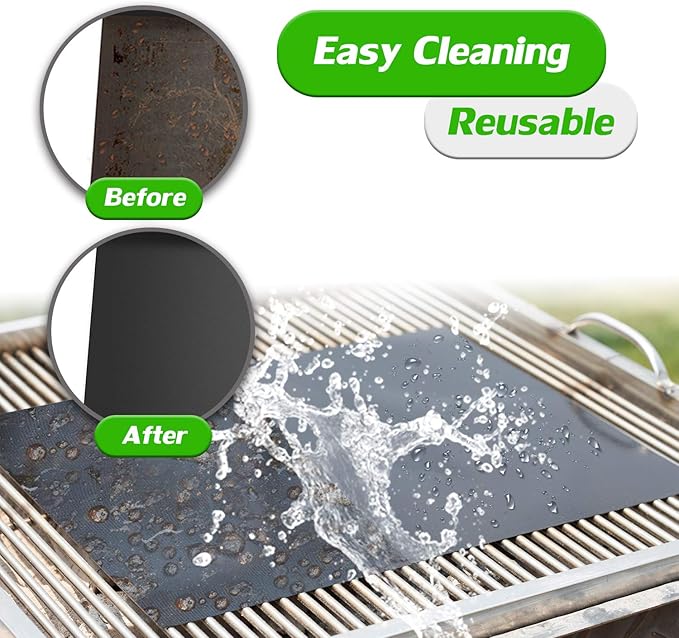 RENOOK Grill Mat Set of 6-100% Non-Stick Reusable Mats for Gas, Charcoal or Electric Grills - Easy to Clean - 15.75 x 13-Inch, Black
