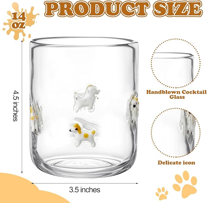 Skylety 2 Pack Icon Juice Glasses, 14 oz Stemless Glass Cups, Puppy Juice Cocktail Wine Coffee Drinking Cups for Engagement Wedding Anniversary Valentines Party Supplies