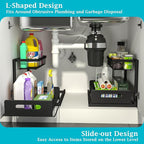 REALINN Under Sink Organizer, L-Shaped 2 Tier Pull Out Cabinet Organizer for Kitchen and Bathroom, Slide Out Under Cabinet Storage, Metal Under Sink Storage with Sliding Drawer, 50 lbs, Black 2 Pack