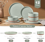 LIANYU 12 Piece Dinnerware Sets for 4, Modern Style Stoneware Dinnerware Set, Scratch Resistant, Dishwasher Safe Bowl and Plate Sets, Ceramic Dish Dinner Set, Laurel Green