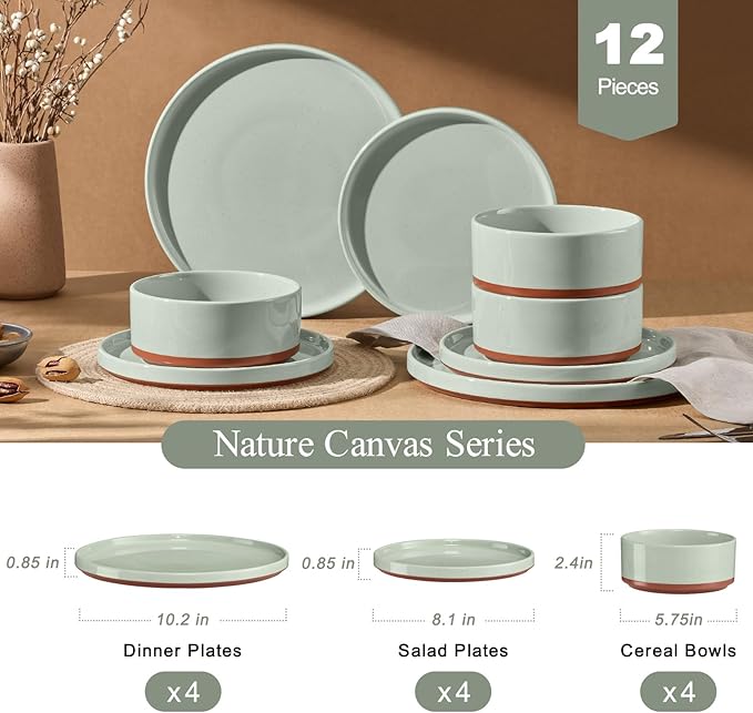 LIANYU 12 Piece Dinnerware Sets for 4, Modern Style Stoneware Dinnerware Set, Scratch Resistant, Dishwasher Safe Bowl and Plate Sets, Ceramic Dish Dinner Set, Laurel Green
