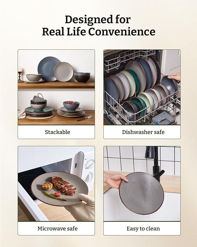 Famiware Venus Plates and Bowls Sets, 24 Pieces Stoneware Speckled Dishes Dinnerware Set for 8, Matte Dark Gray - Microwave & Dishwasher Safe, Modern Minimalist, for Everyday Meals & Formal Dining