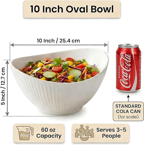 60oz Large Ceramic Salad Bowl with Acacia Wood Utensils, 10" Oval White Serving Bowl for Soup, Pasta, Fruit, Snacks – Mixing Bowls for Entertaining, Party, Kitchen, Dinner – Housewarming Gift