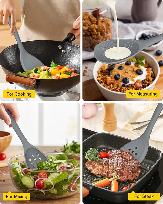 Pack of 4 Silicone Cooking Utensils Set, Non Stick Solid Spatulas and Heat Resistant Slotted Spoons with Back Hooks, Ideal BPA Free Kitchen Utensils Set for Frying,Serving,Turning,Stirring (GRAY)