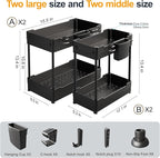 Sevenblue 4 Pack Under Sink Organizer, Under Bathroom Cabinet Organizer with Hooks Hanging Cup, Multi-Purpose Storage Shelf for Kitchen Bathroom, Black