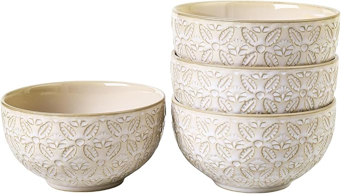 26 Oz Cereal Bowls Set of 4, 6 inch Ceramic Soup Bowl for Kitchen, Porcelain Embossed Serving Bowls for Salad, Pho, Breakfast, Ramen, Rice, Dishwasher Microwave Safe, Housewarming Gift