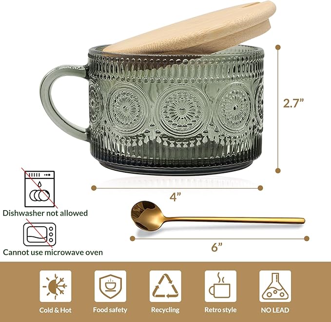 Vintage Coffee Mugs Set of 2 Green, 14 Oz Overnight Oats Containers with Bamboo Lids and Spoons, Glass Breakfast Cups, Cute Coffee Bar Accessories Christmas Gifts