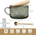 Vintage Coffee Mugs Set of 4 Green, 14 Oz Overnight Oats Containers with Bamboo Lids and Spoons, Glass Breakfast Tea Cups, Cute Coffee Bar Accessories Christmas Gifts