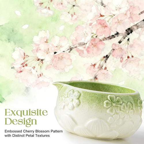 8 PCS Matcha Whisk Set, Green Matcha Kit Set WithCherry Blossom Embossed Pattern Includes Bowl with Spout, Bamboo Whisk, Ceramic Holder, Bamboo Scoop x2, Scoop Rest, Stainless Sifter and Tea Towel