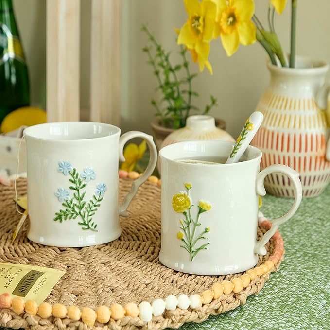 2 Pack Floral Ceramic Coffee Mugs - Yellow and Blue Flowers, Hand-Painted, Microwave & Dishwasher Safe, Ideal for Cappuccino, Tea, Hot Chocolate
