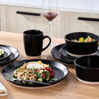 Stone Lain Jules Stoneware 16-Piece Dinnerware Set, Plates and Bowls, Service for 4, Black, Microwave & Dishwasher Safe