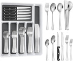 65PCS Silverware Set for 10 with Flatware Drawer Organizer, Stainless Steel Cutlery Set with Steak Knives, Include Spoons and Forks Set & Serving Utensils, Dishwasher Safe, Silver