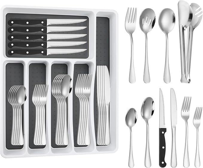 65PCS Silverware Set for 10 with Flatware Drawer Organizer, Stainless Steel Cutlery Set with Steak Knives, Include Spoons and Forks Set & Serving Utensils, Dishwasher Safe, Silver
