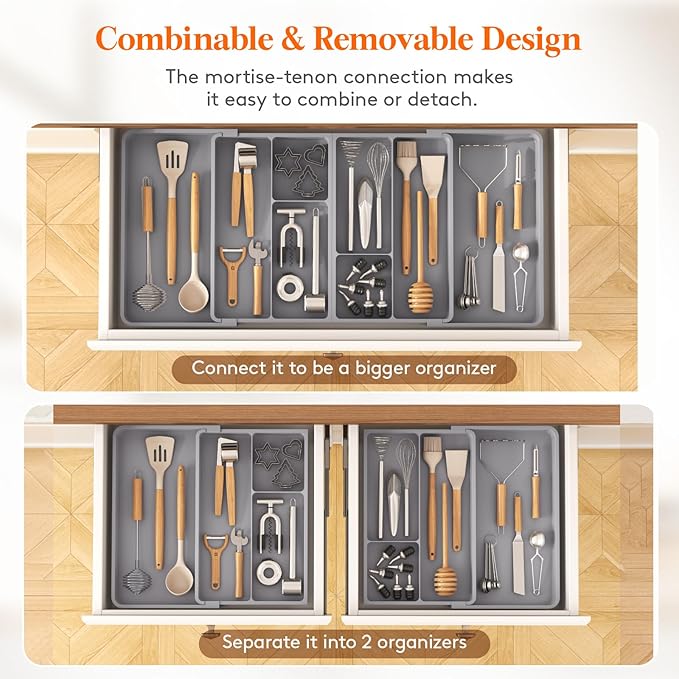 Lifewit Expandable Utensil Organizer for Kitchen Drawer, Adjustable Cooking Silverware Tray, Plastic Cutlery Flatware Holder, Spatula Tools Gadgets Storage Divider, 53-91 x 43cm, Plastic, Gray