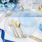 DaYammi 350PCS Clear Blue Gold Plastic Dinnerware Set for 50 Guests, Hammered Disposable Plates for Party, Include: 50 Dinner Plates, 50 Dessert Plates, 150 Gold Silverware, 50 Napkins, 50 Cups