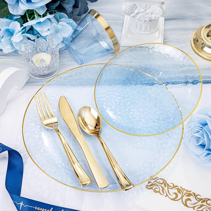 DaYammi 350PCS Clear Blue Gold Plastic Dinnerware Set for 50 Guests, Hammered Disposable Plates for Party, Include: 50 Dinner Plates, 50 Dessert Plates, 150 Gold Silverware, 50 Napkins, 50 Cups