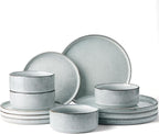 Famiware Annecy Plates and Bowls Sets, 12 Pieces Dinnerware Sets, Microwave and Dishwasher Safe Dishes Set for 4, Chip and Scratch Resistant, Grey-Blue