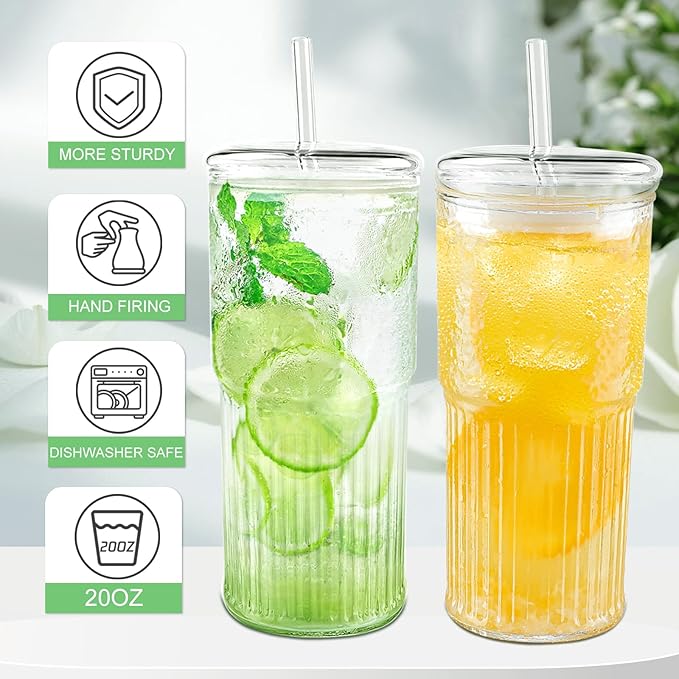 Luiaiog Glass Cups with Lids and Glass Straws, High Borosilicate 20OZ Tumblers (2Pcs) for Coffee, Tea, Juice, Smoothies, Hot/Cold Drinks at Home, Office（Creative Drink Label Design）