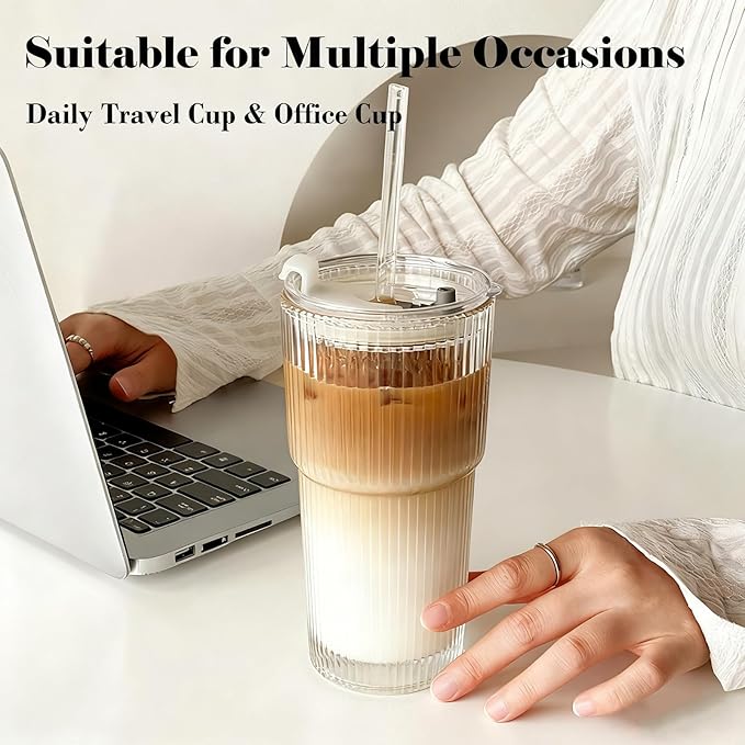 2 Pack Iced Coffee Cup with Lids, 20oz Clear Glass Tumbler with Straw & Lid, Ribbed Glassware Cups, Dishwasher Safe Drinking Glasses, Stylish Glass Cups for Coffee, Juice, Tea, Matcha