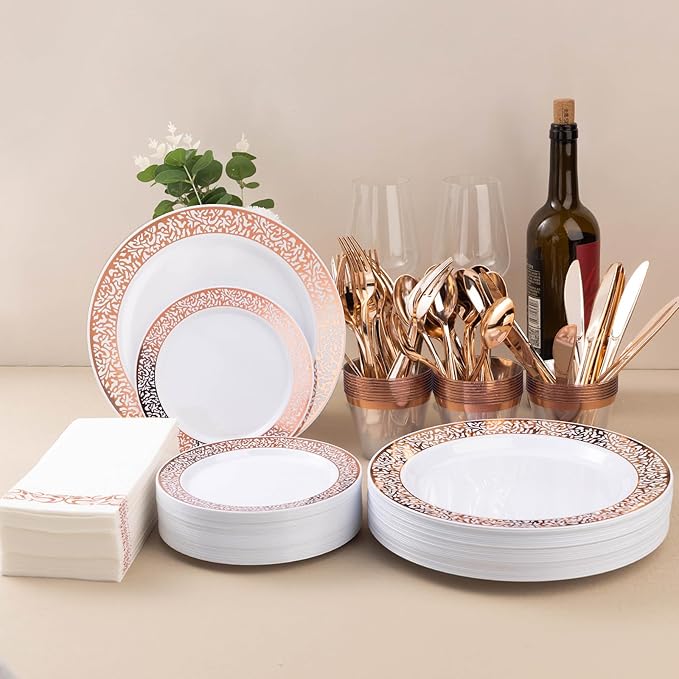 Bestluck 700PCS Rose Gold Plastic Dinnerware Set for 100 Guests, Disposable Plates for Party, Wedding, Include 100 Rose Dinner Plates, 100 Dessert Plates, 100 Set Silverware, 100 Cups, 100 Napkins
