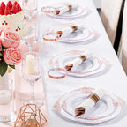 Nervure 700PCS Rose Gold Plastic Plates - Rose Gold Plastic Dinnerware Sets for 100 Guests - 200 White Disposable Plates, 300 Silverware, 100 Cups, 100 Napkins for Wedding & Party