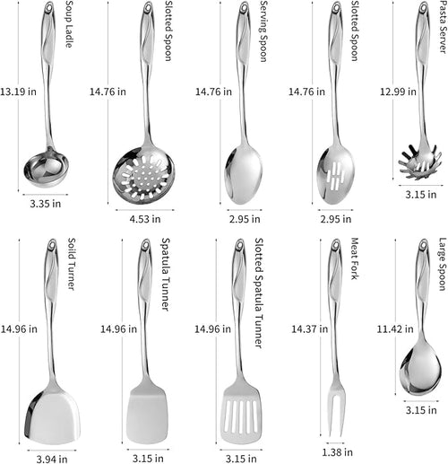 304 Stainless Steel Kitchen Utensils Set, 10 Pcs Metal Cooking Utensil, Mirror Polished Kitchen Gadget Cookware and Kitchen Tool Set, Dishwasher Safe