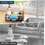 Consumest Sponge Holder for Kitchen Sink - Auto Draining Sink Caddy Organizer with Detachable Rack, High Brush Holder, Kitchen Countertop Storage Accessories, Black