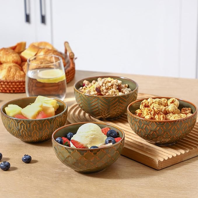 Sureasy 12oz Ceramic Ice Cream Bowls, 4.6 Inch Embossed Dessert Bowls, Small Bowls for Snack, Sauce, Fruits, Microwave and Dishwasher Safe, Set of 4, Green