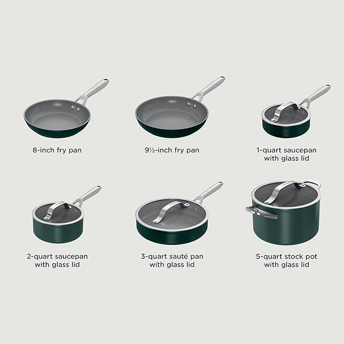 Ninja Ceramic Pro 10-Piece Cookware Set, NonStick Pots & Pans Set with Glass Lids, Nontoxic, PTFE Free, Ceramic Coated, Oven Safe, All Stovetops & Induction Compatible, British Racing Green, CW39010GN