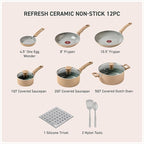 T-Fal Refresh Ceramic Nonstick Cookware Set, 12-Piece, Oven Safe to 350°F, Includes Stockpot, Griddle, Frying Pans, Utensils, Ceramic Pots and Pans Set, Sand Beige