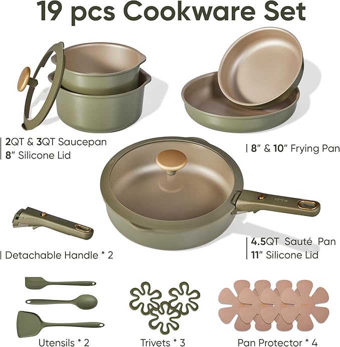 CAROTE 19Pcs Titanium Reinforced Nonstick Pots and Pans Set, Nonstick Cookware Set with Detachable Handle, Gold-Trimmed Cookware Sets, Removable Handles, Induction, Dishwasher Safe, Oven Safe, Green