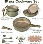 CAROTE 19Pcs Titanium Reinforced Nonstick Pots and Pans Set, Nonstick Cookware Set with Detachable Handle, Gold-Trimmed Cookware Sets, Removable Handles, Induction, Dishwasher Safe, Oven Safe, Green