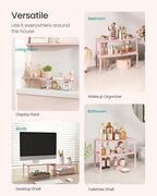 SONGMICS Cabinet Organizer Shelf, Set of 2 Kitchen Counter Shelves, Kitchen Storage, Spice Rack, Stackable, Expandable, Metal and Engineered Wood, Jelly Pink UKCS025S01