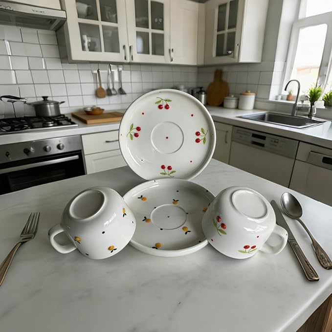Ceramic Coffee Mug Set of 2, 8 oz Cherry and Lemon Design Cups with Saucers, Red & Yellow Cute Tea Mugs, Porcelain Espresso Mug Set for Coffee, Tea, Breakfast, Gift