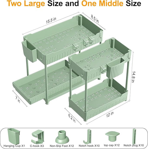 3 Pack Under Sink Organizers, 2-Tier Multi-Use Kitchen and Bathroom Organizers and Storage with Sliding Drawers, Bathroom Cabinet Organizer (Green, 14.8 Inch)