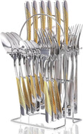 Gold Silverware Set, Caliamary 24 Pieces Flatware Set with Silverware Holder, Stainless Steel Knives and Forks and Spoons Cutlery Set Service for 6, Kitchen Utensil Tableware Set with Antiskid Handle