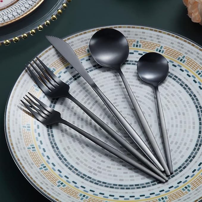 Stainless Steel Flatware Set, Titanium Plated, 20-Piece Matte Black Service Set for 4