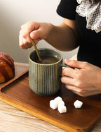 Coffee Mugs Set of 4, Ceramic Ribbed Tea Coffee Cups with Handle, Large Porcelain Mug for Americano, Latte, Cappuccino, Hot Chocolate, Green